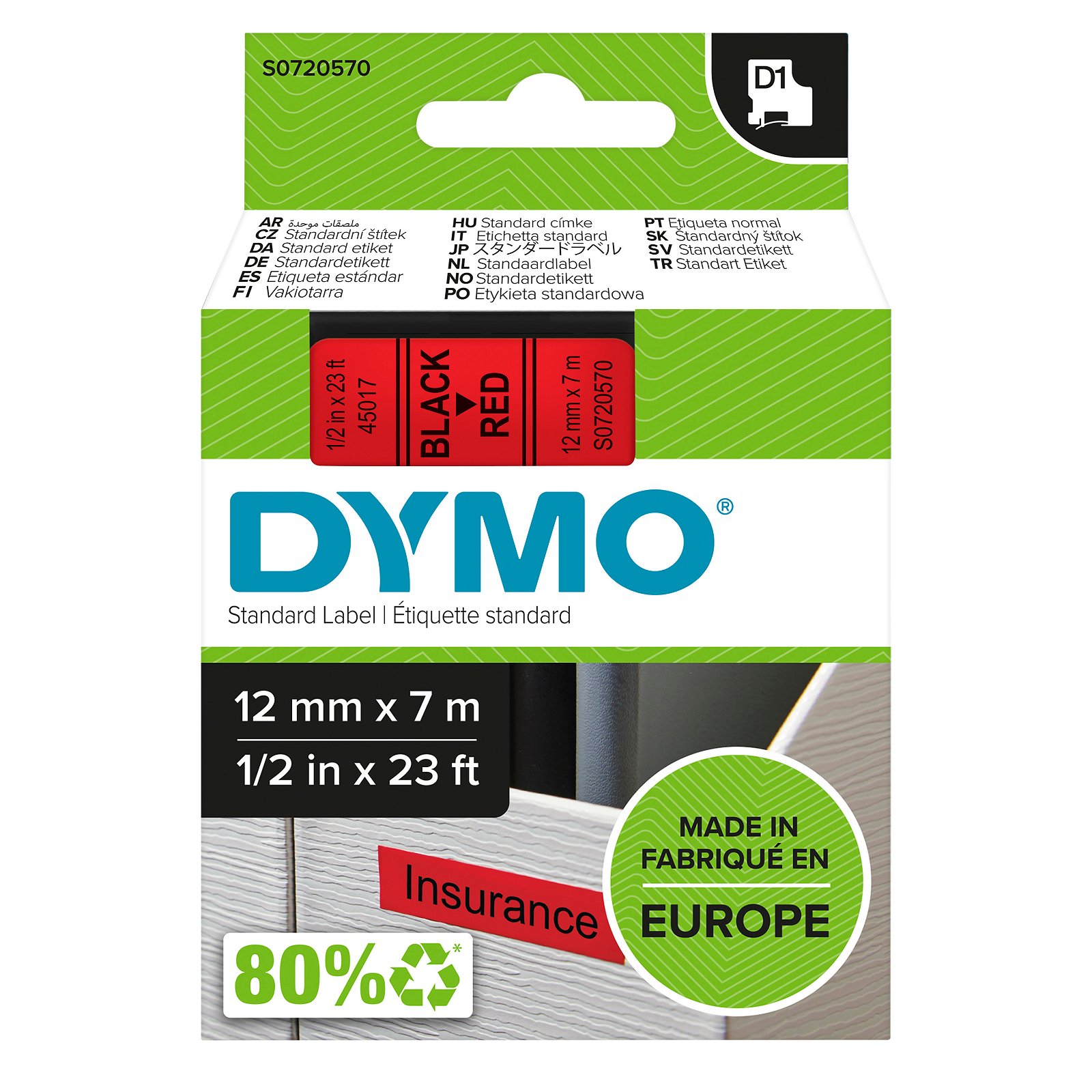 Dymo D1 standard tapekasette 12 mm sort;rod Polyester