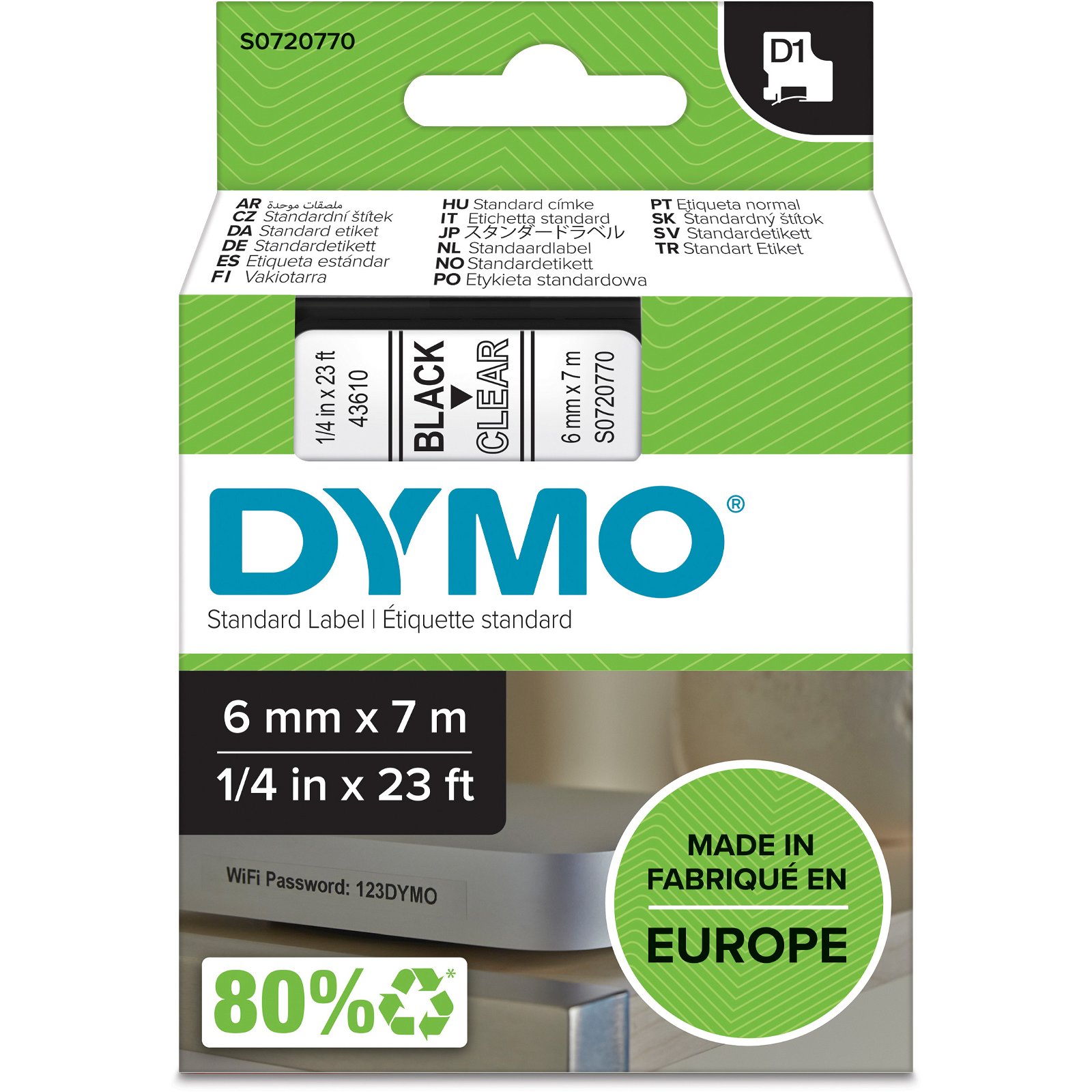 Dymo D1 standard tapekasette 6 mm sort;klar Polyester