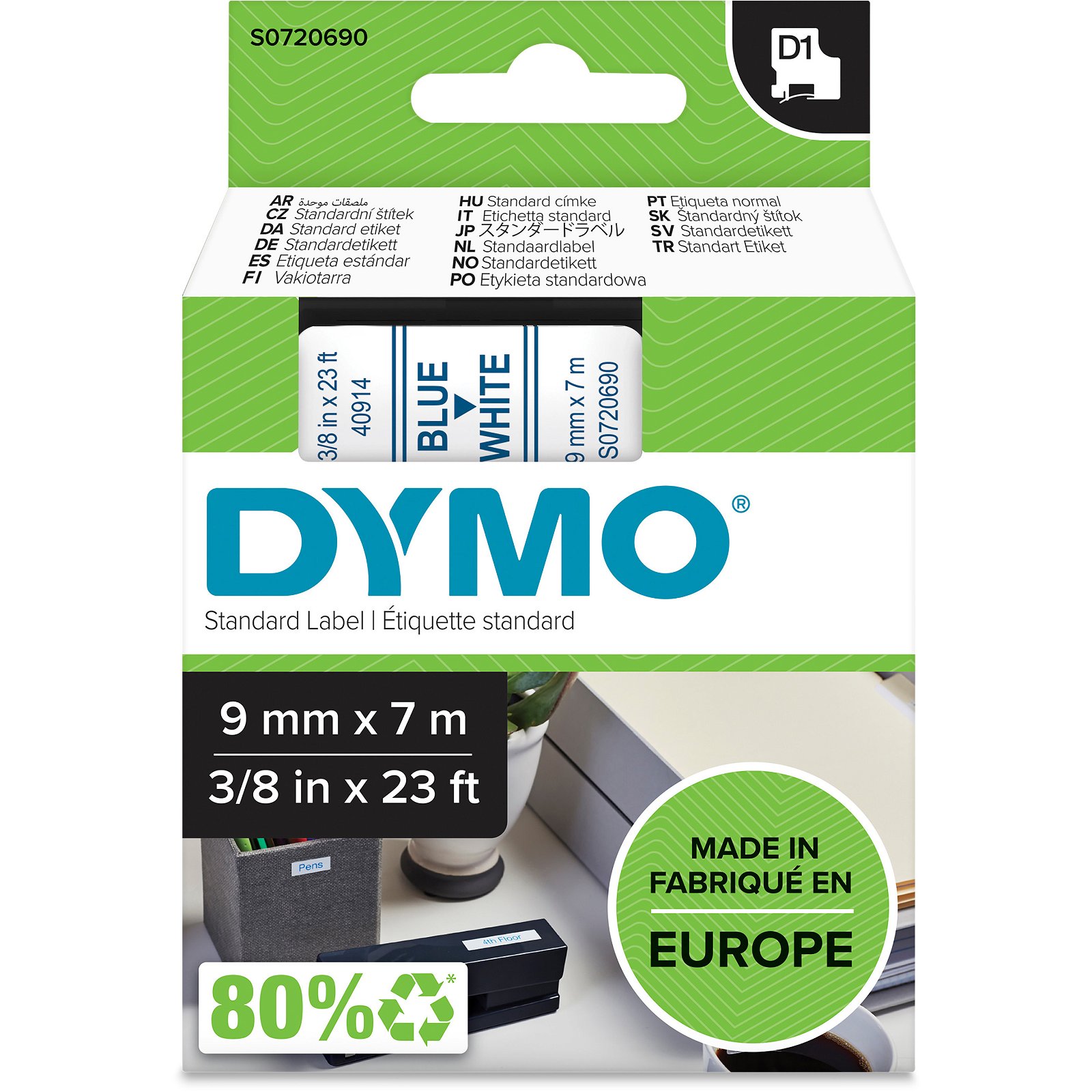 Dymo D1 40914 tape 9mm blå/hvid