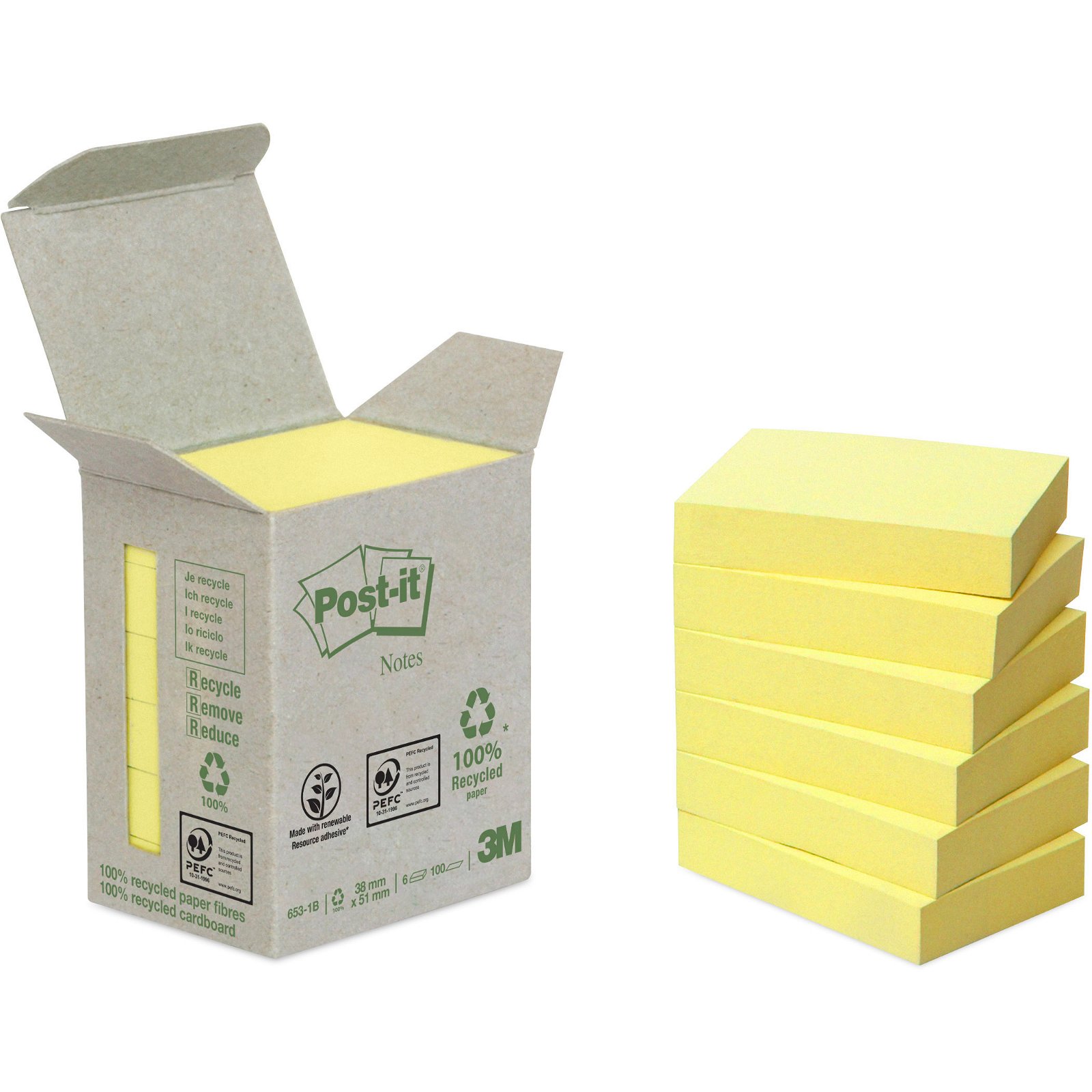 Post-It Recycled 653 notes 38x51mm gul 6 blokke