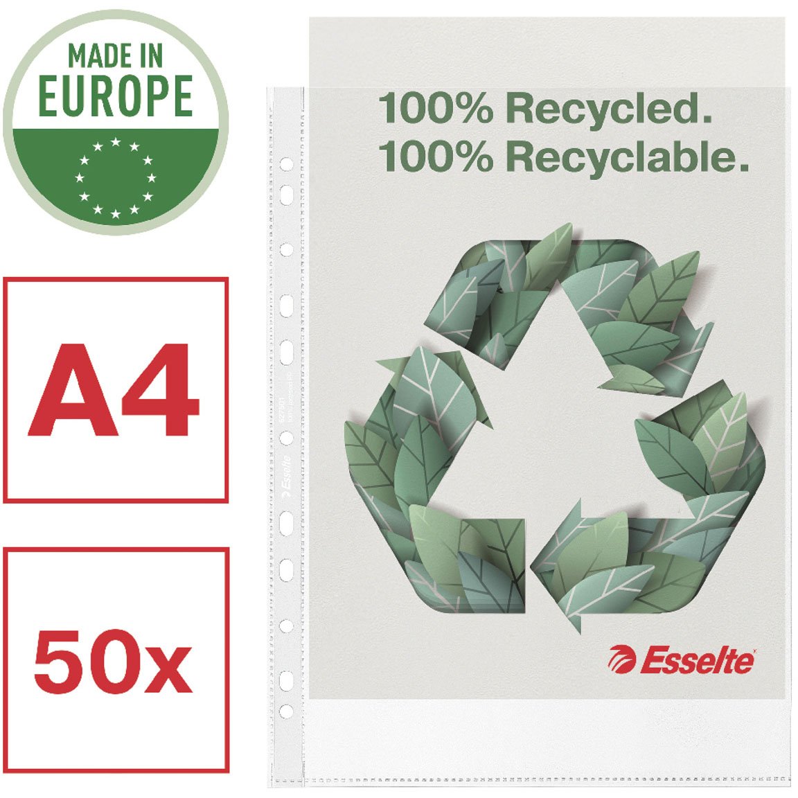Esselte Recycled plastlomme A4 100 my mat;klar 50 stk