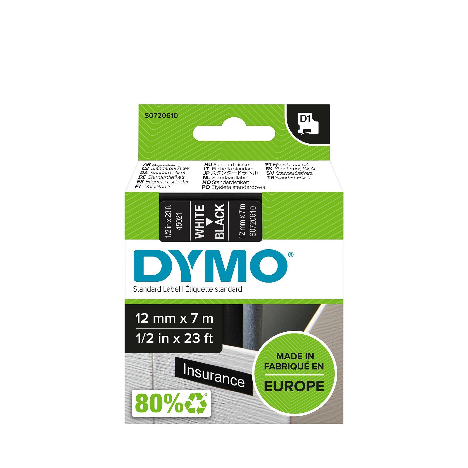 Dymo D1 standard tapekasette 12 mm hvid;sort Polyester