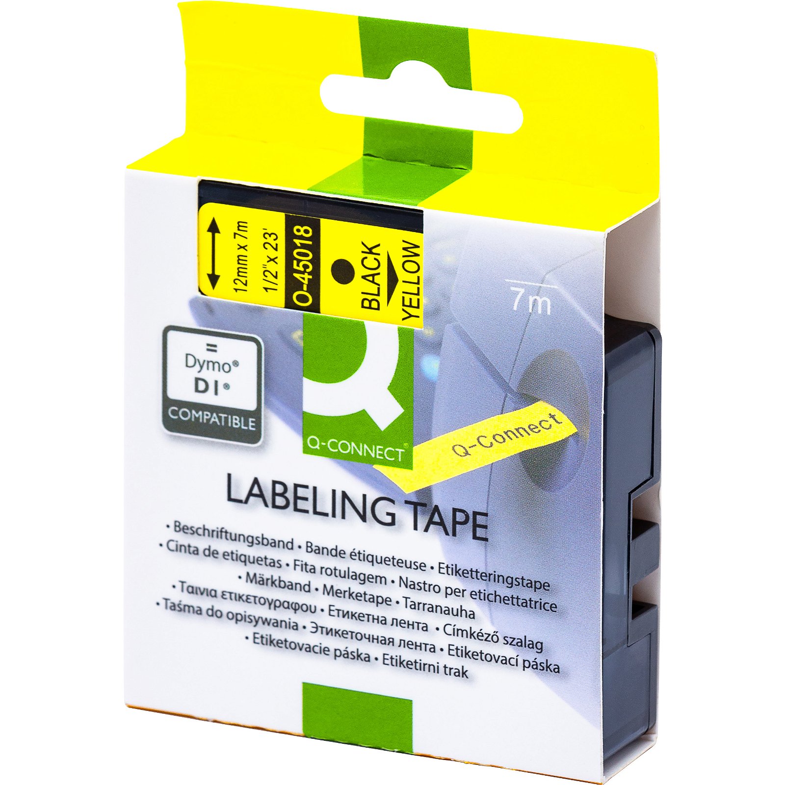 Q-connect D1 tapekassette 12 mm sort;gul 7 mtr