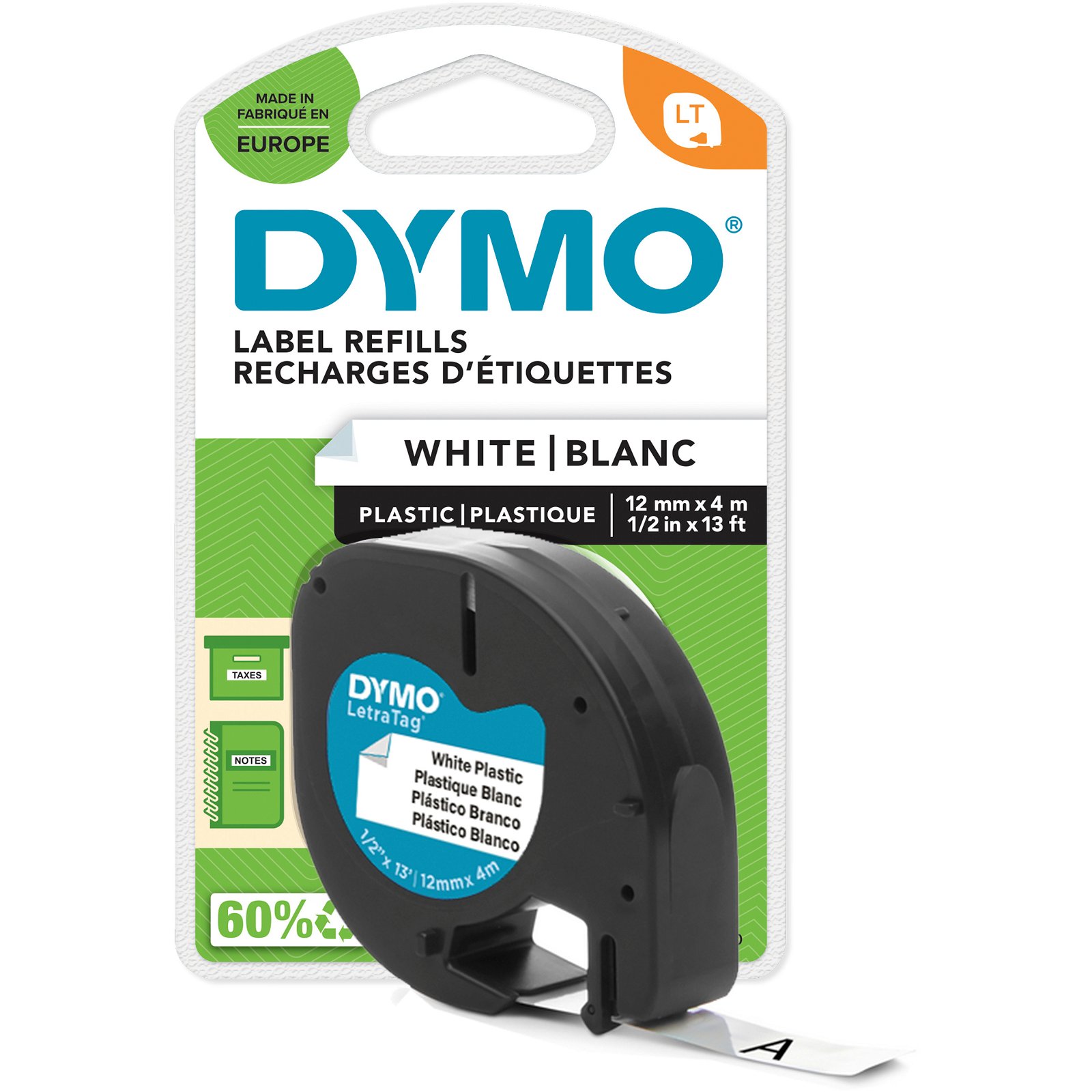 Dymo Letratag plasttape S0721660 sort;hvid 12 mm x 4 m